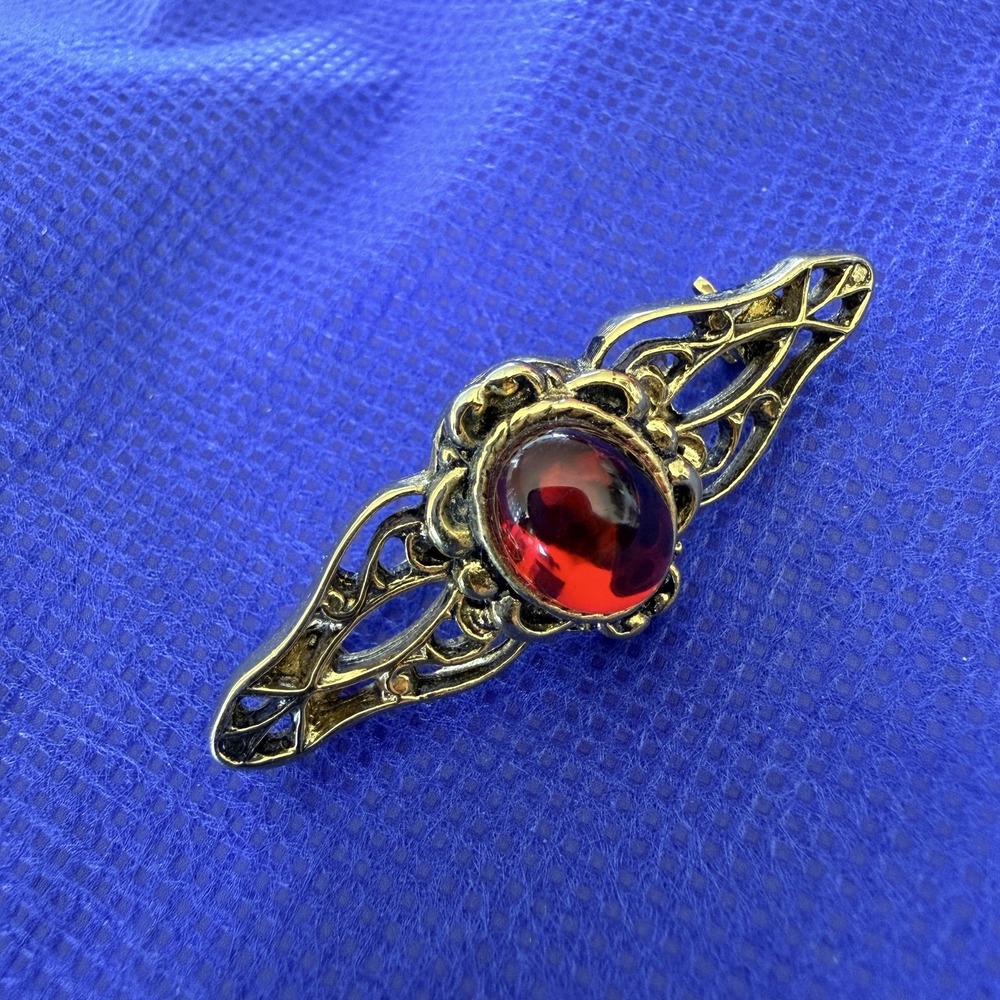 Vintage 90s Gold Tone Red Glass Cabochon Bar Brooch Pin Filigree Statement